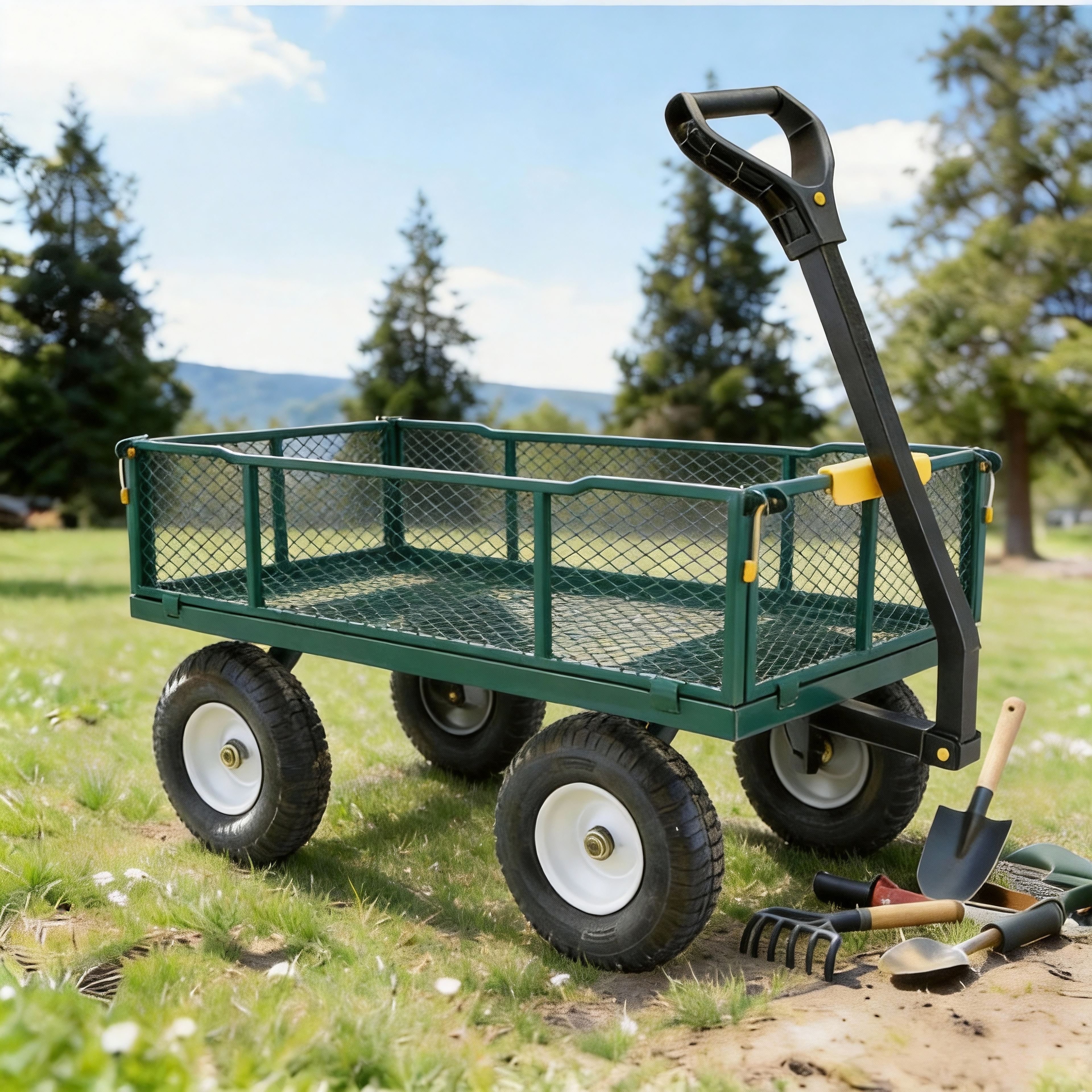 Folding Steel Garden Cart Trolley Wagon, 3 Cu Ft, 800 lb Capacity, Green